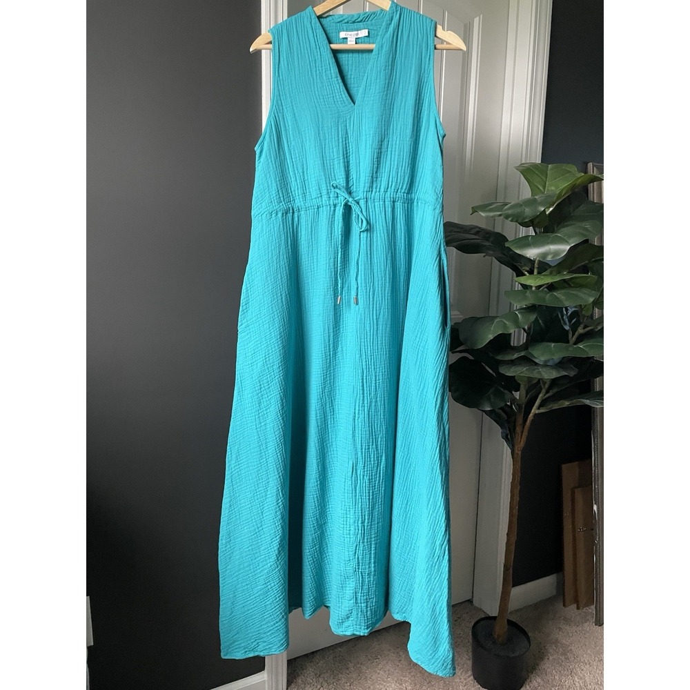 Chico's Sleeveless Gauze Maxi Dress Aqua Blue Drawstring Waist V-Neck Size 0